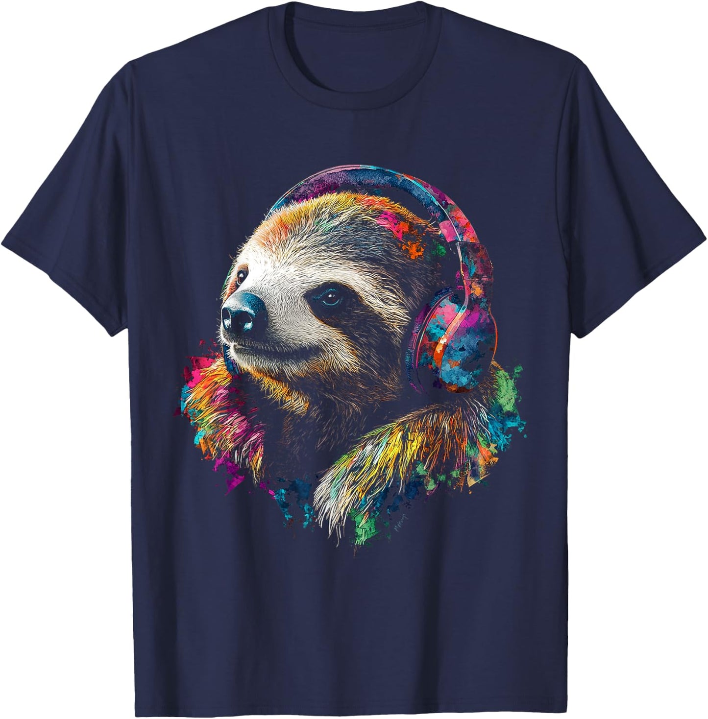 Headphones with Sloth Pattern , Black, S T-Shirt - T-Shirt | Navy