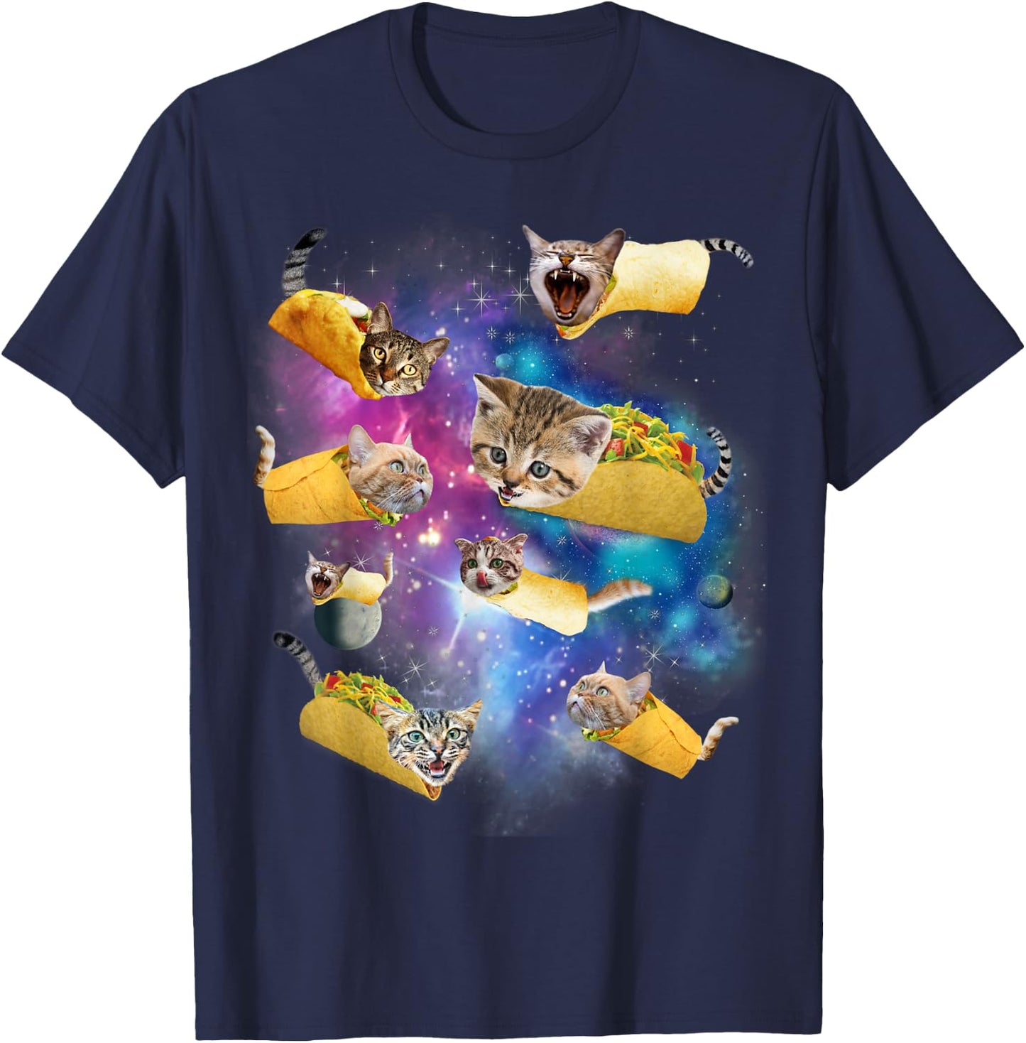 Burrito Pizza and Taco Cat in Space - Tacocat Gift , black T-Shirt - T-Shirt | Navy