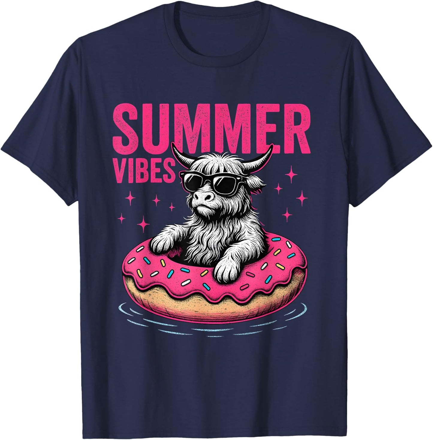 Highland Cow Summer Vibes Donut Float T-Shirt - T-Shirt | Navy
