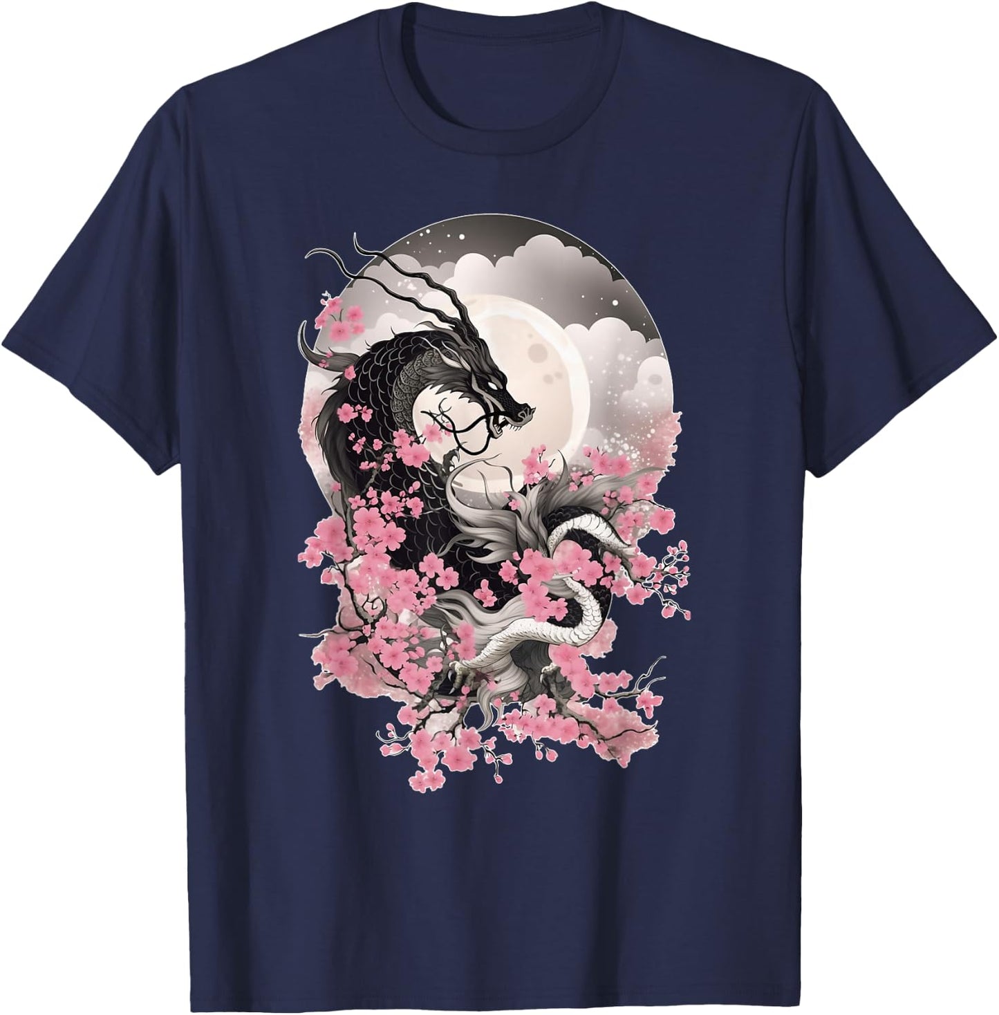Japanese Dragon & Cherry Blossom Men & Women Full Moon Asian T-Shirt - T-Shirt | Navy