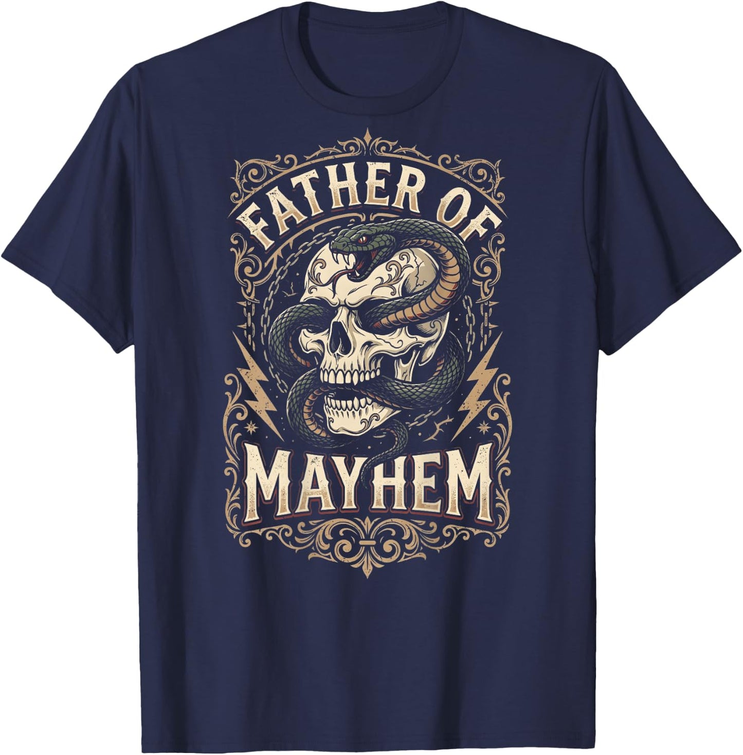 Father of Mayhem Vintage Gothic Skull Snake Tattoo (On Back) T-Shirt - T-Shirt | Navy