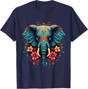 Elephant Portrait Floral Artwork Motif Animal Art Nature T-Shirt - T-Shirt | Navy