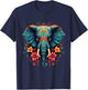 Elephant Portrait Floral Artwork Motif Animal Art Nature T-Shirt - T-Shirt | Navy