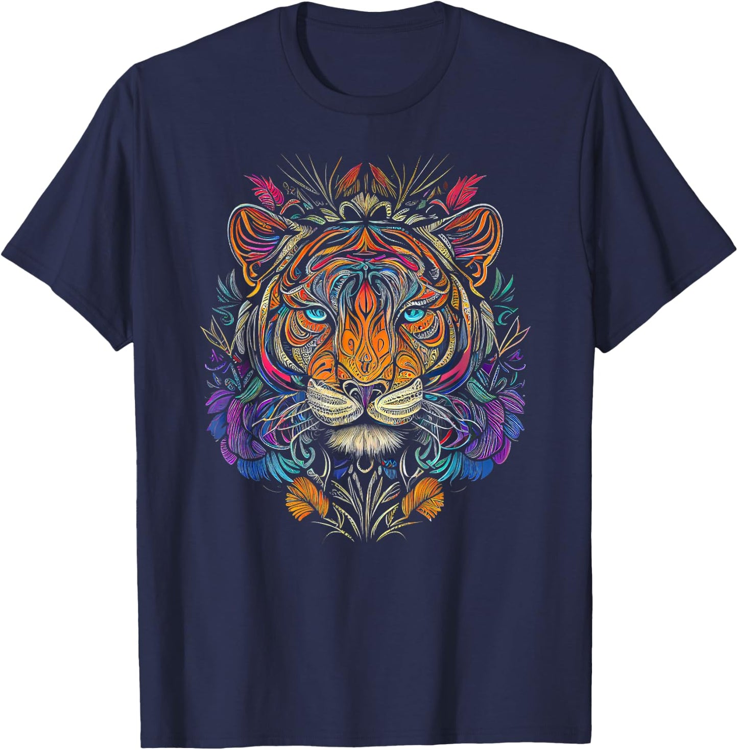 Tiger Face Head Colorful Mandala Floral Wildlife Animal T-Shirt - T-Shirt | Navy