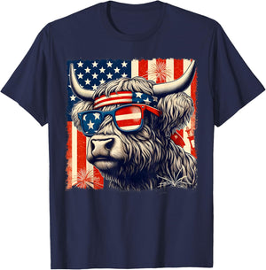 Highland Cow Sunglasses American Flag 4th of July Farmer T-Shirt - T-Shirt | Navy