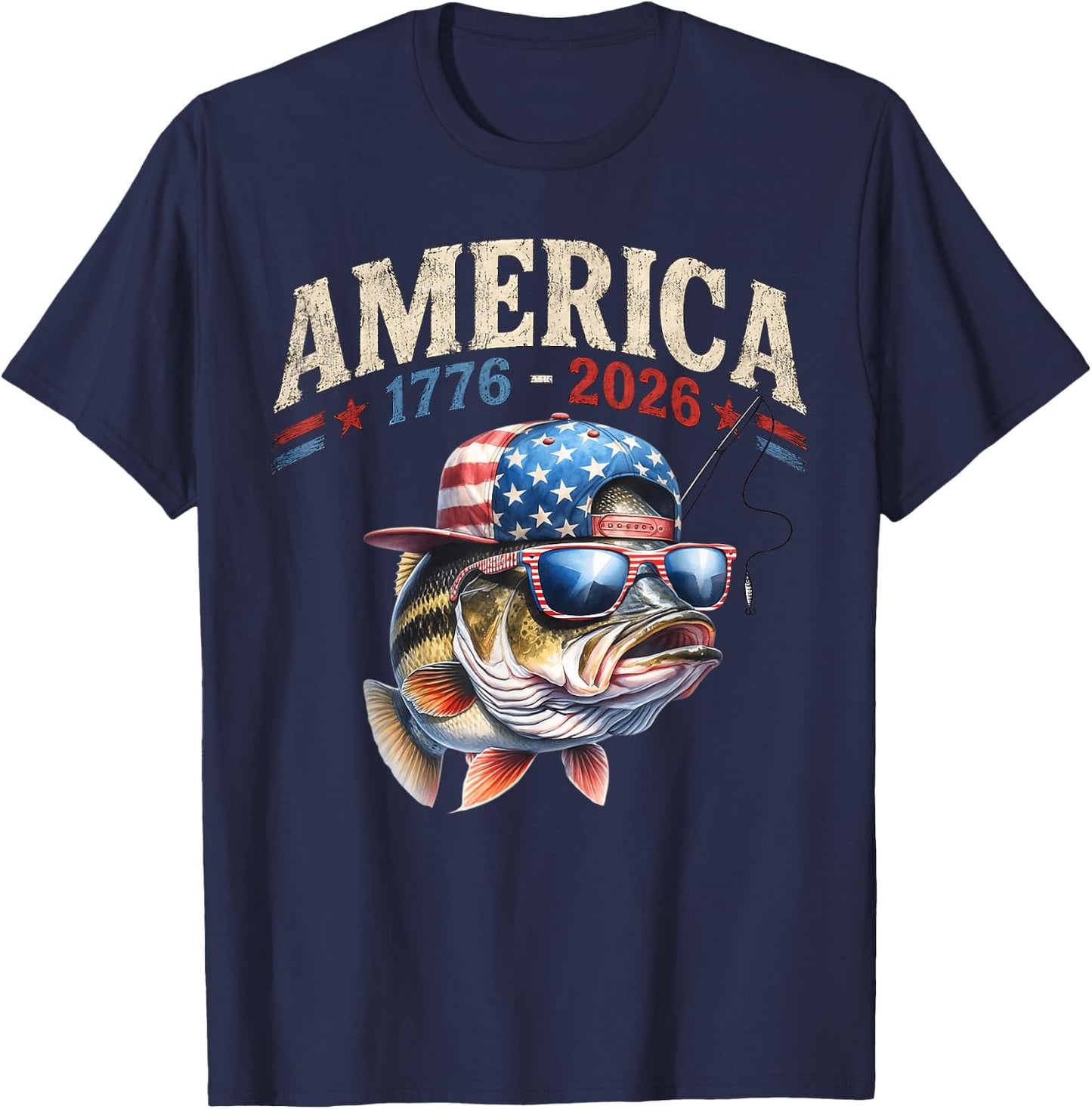 250 America Years 1776 2026 Fishing USA Flag 250th Birthday T-Shirt - T-Shirt | Navy