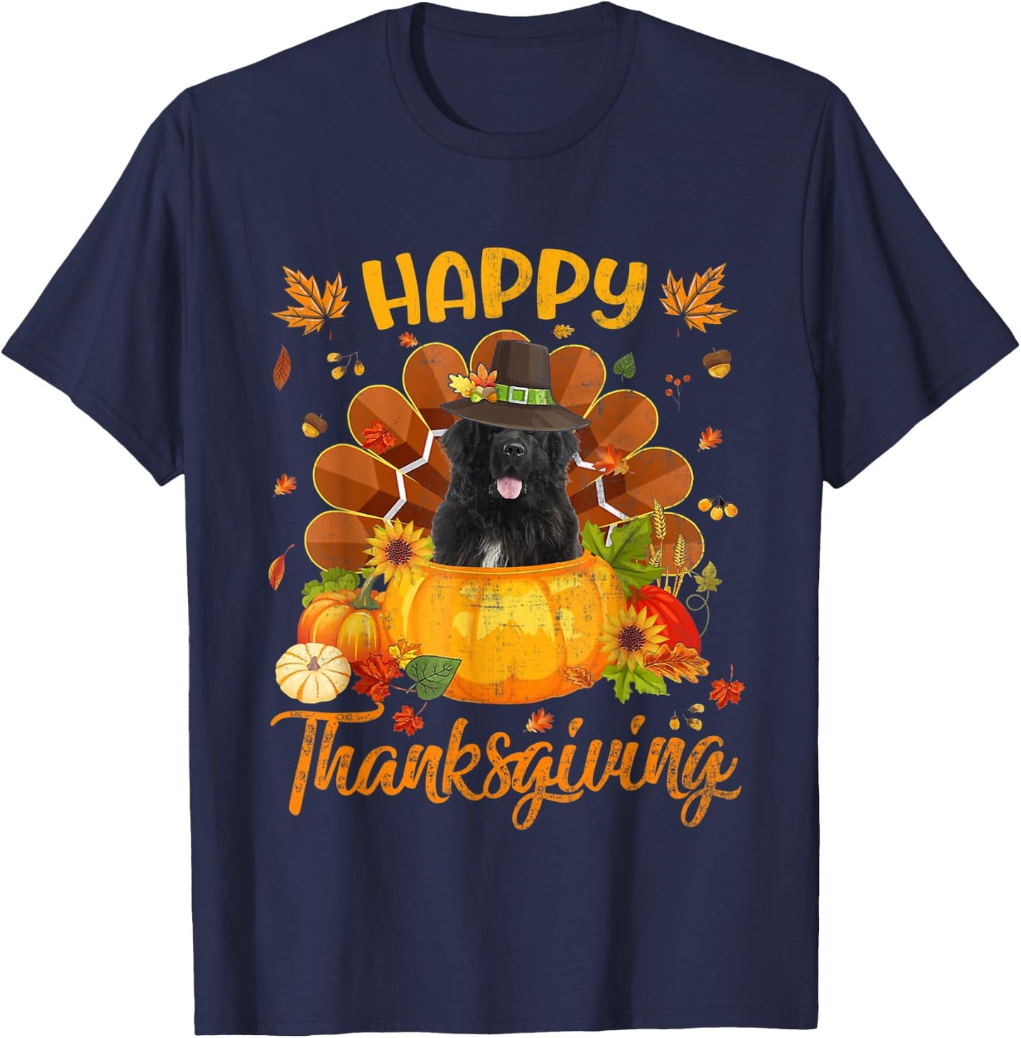 Happy Thanksgiving Newfoundland Dog Turkey Pumpkin T-Shirt - T-Shirt | Navy