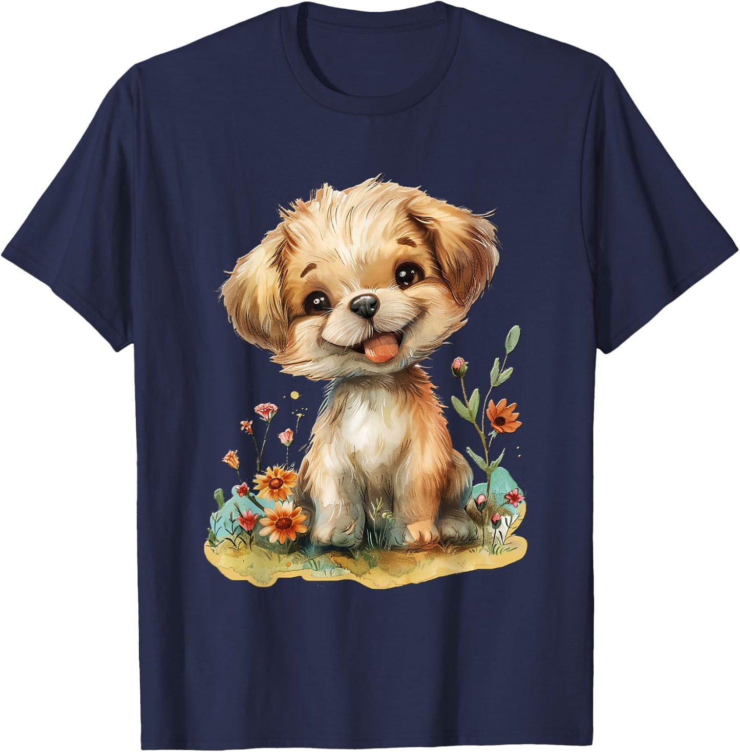 Baby Welpe mit Blumen süßer Hund Mädchen Tochter T-Shirt - T-Shirt | Navy
