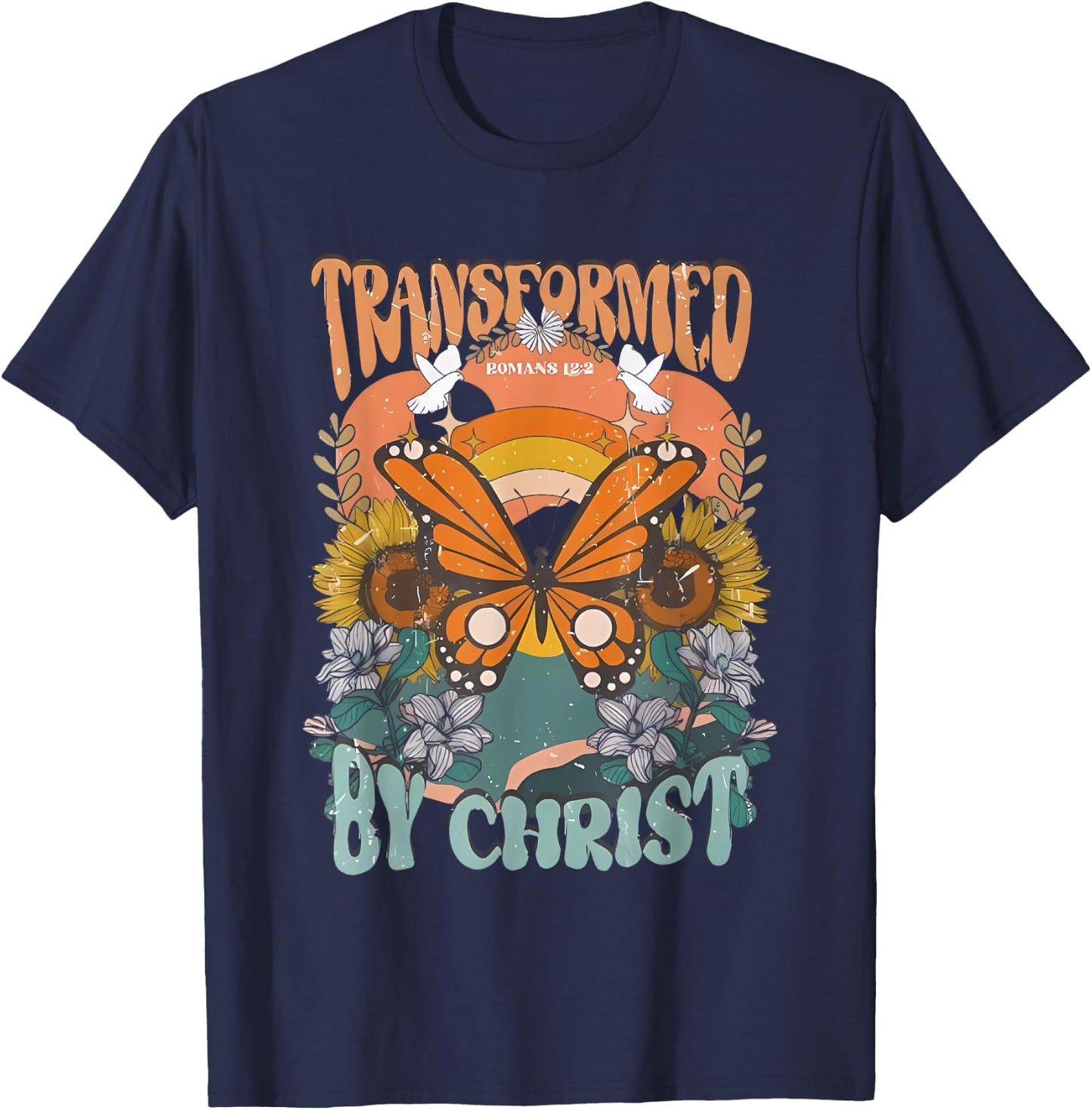 Transformed By Christ Butterfly Christian Jesus Faith Cross T-Shirt - T-Shirt | Navy