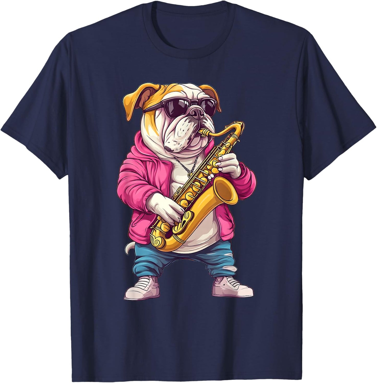 Cute English Bulldog Dog Playing Saxophone Musician Music T-Shirt - T-Shirt | Navy