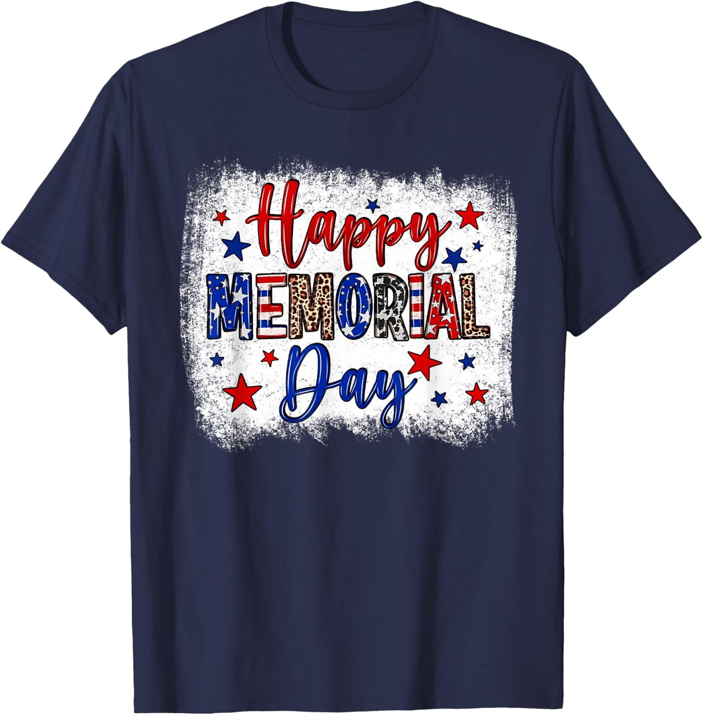 Bleached Happy Memorial Day Leopard USA Patriotic T-Shirt - T-Shirt | Navy