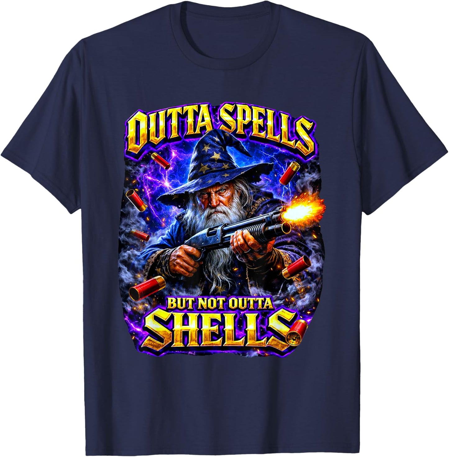 Outta Spells But Not Outta Shells Wizard Meme Bootleg Style T-Shirt - T-Shirt | Navy