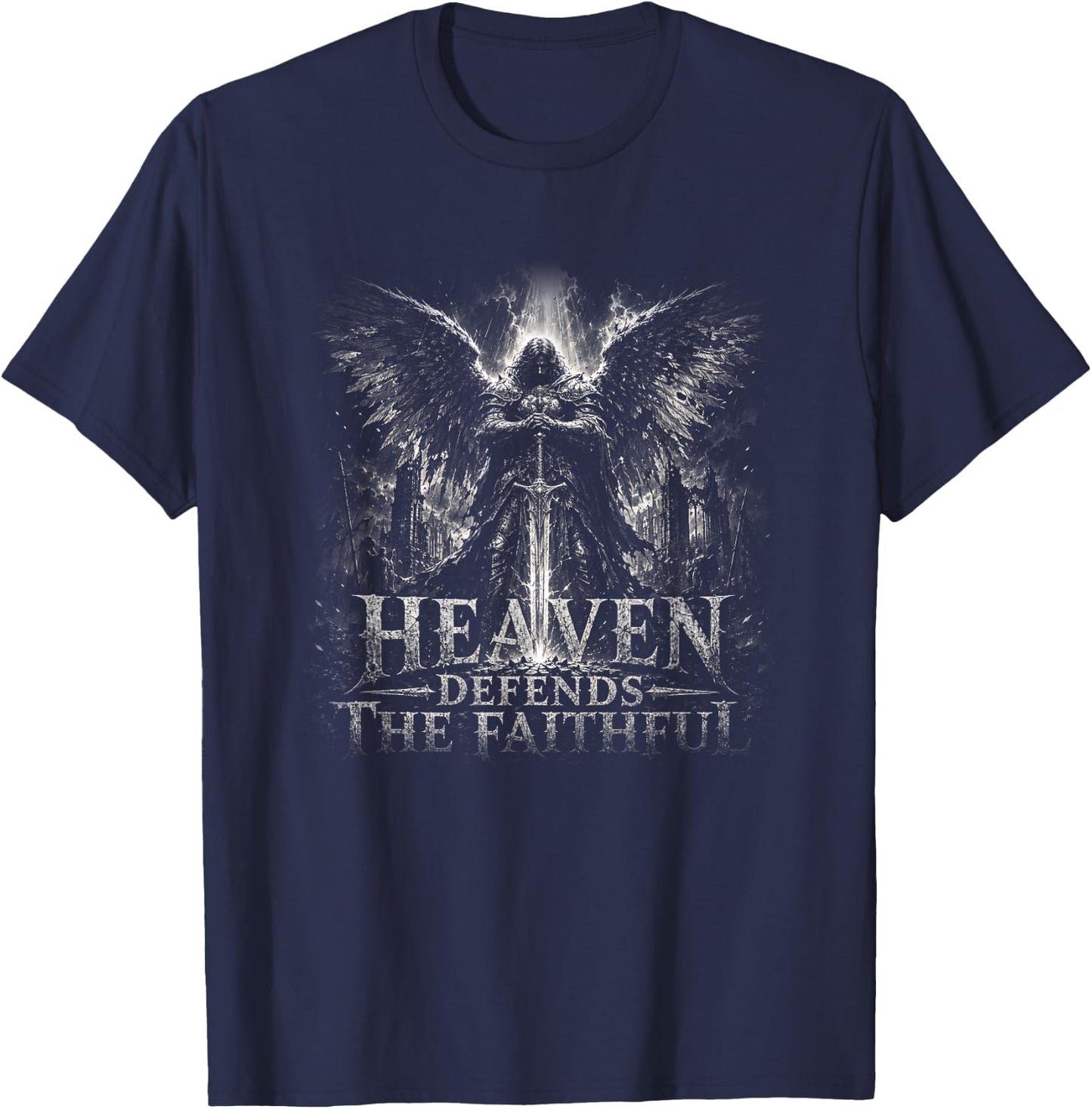 Heaven Defends The Faithful Angel Warrior Cross T-Shirt - T-Shirt | Navy