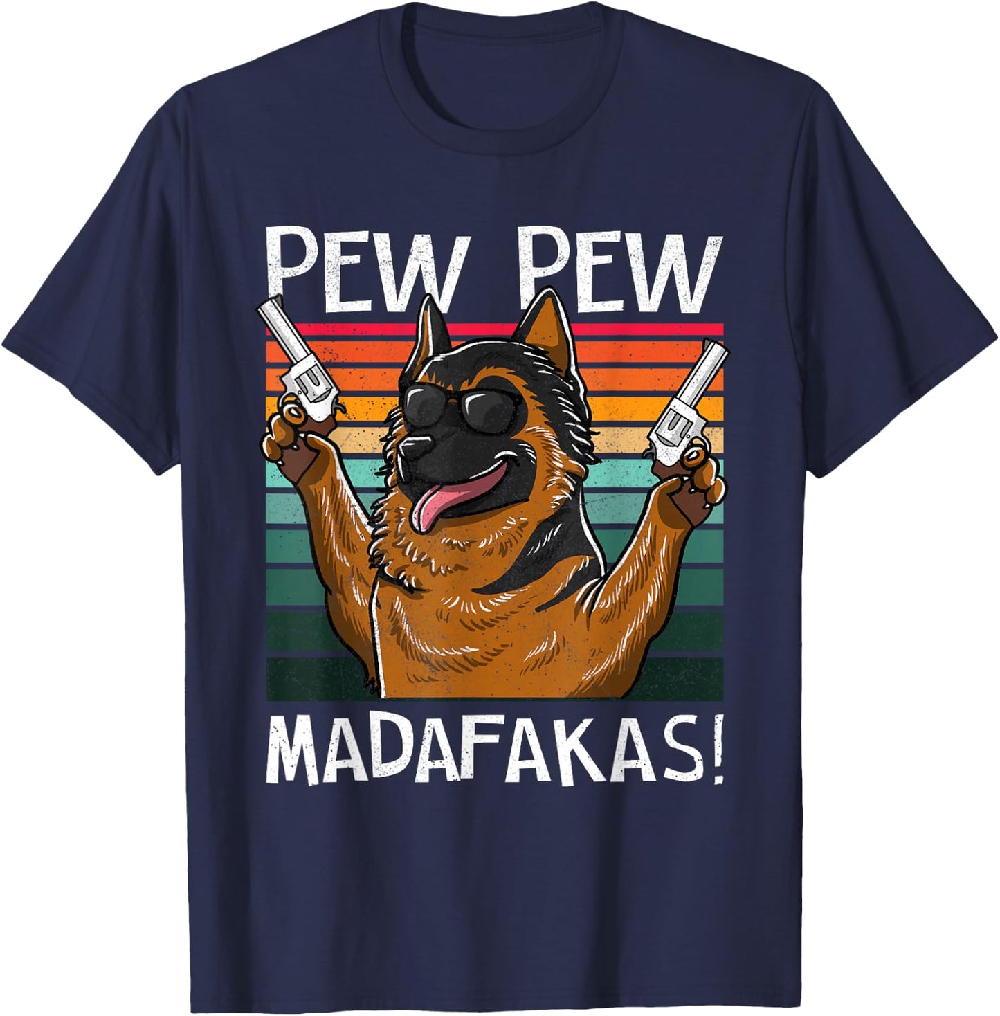German Shepherd Pew Pew Vintage Retro Sunset T-Shirt - T-Shirt | Navy