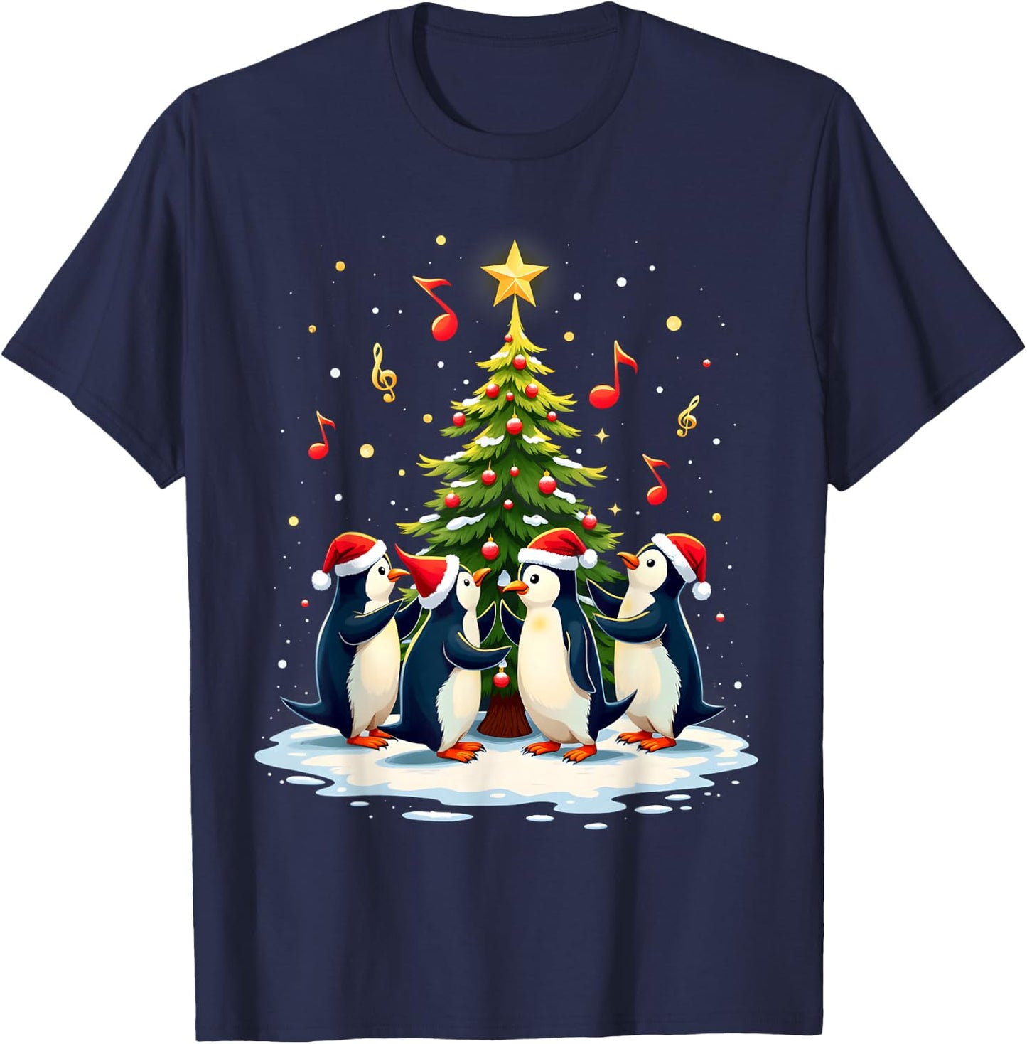Kids Festive Penguins Singing Around Christmas Tree - Black, Small T-Shirt - T-Shirt | Navy