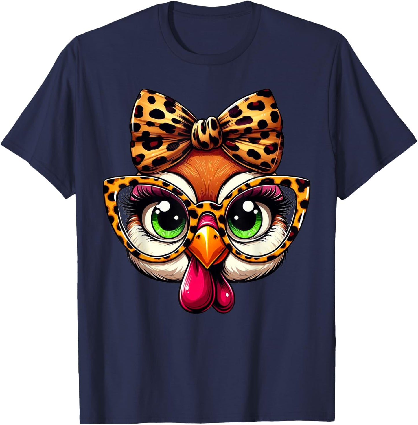 Turkey Face Leopard Headband Glasses Thanksgiving Girl Women T-Shirt - T-Shirt | Navy