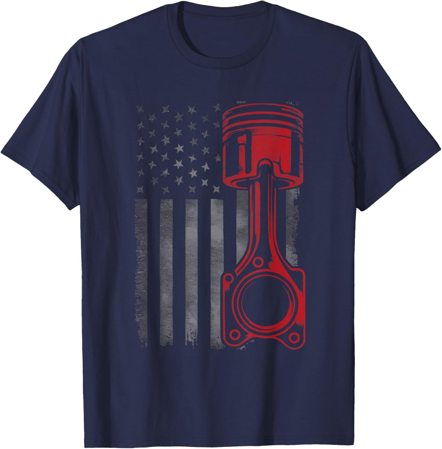 Vintage Piston Funny Muscle Car Mechanic Flag USA Patriotic T-Shirt - T-Shirt | Navy