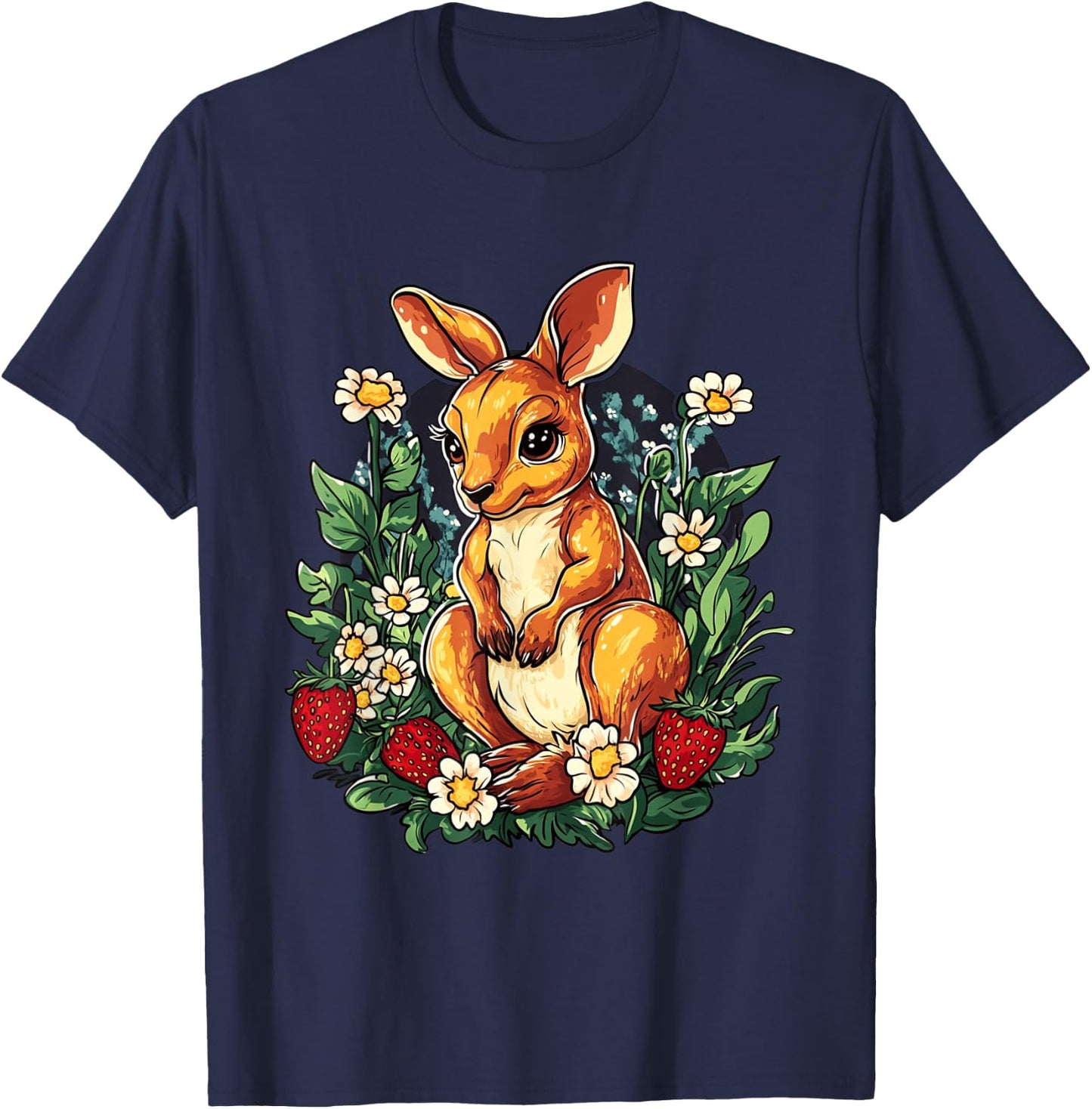 Kangaroo Strawberries and Flowers Graphic Cute Kangaroo T-Shirt - T-Shirt | Navy