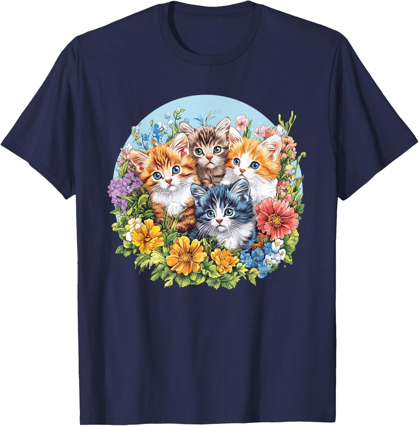 Adorable Kittens Surrounded by Flowers T-Shirt - T-Shirt | Navy