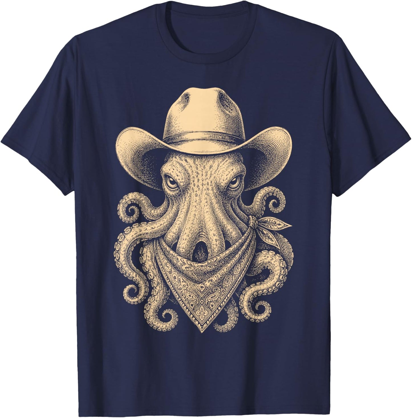 Vintage Octopus Cowboy Hat Bandana Retro Western T-Shirt - T-Shirt | Navy