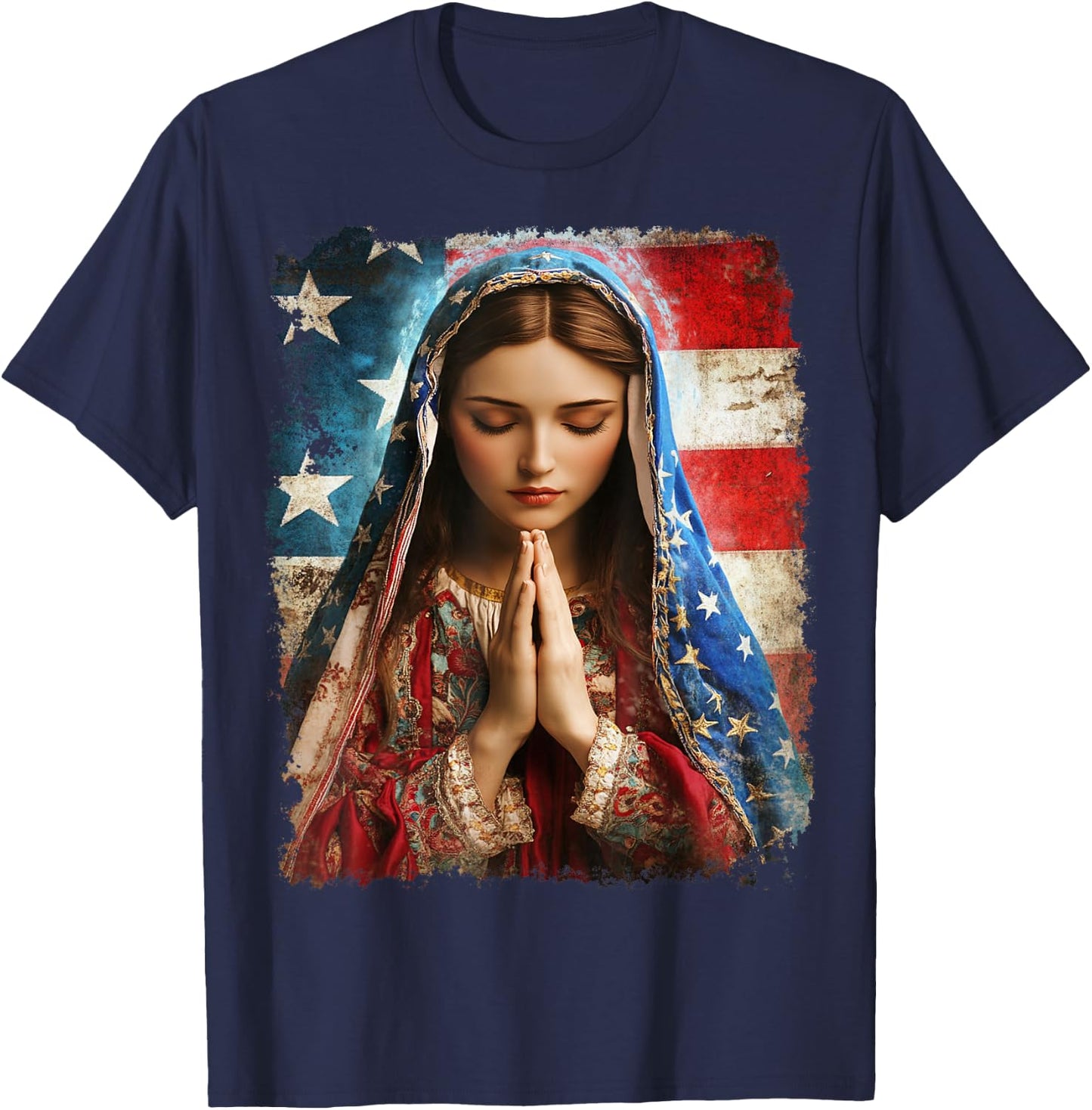 US Flag American The Virgin Mary Religious Christian T-Shirt - T-Shirt | Navy