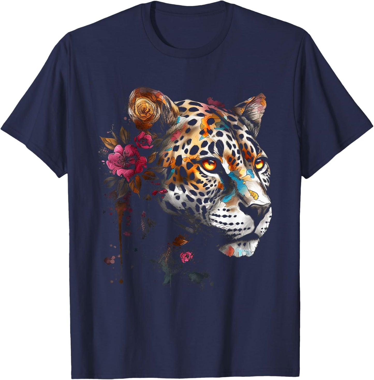 Leopard Blumen Kunst - Tier Leopard T-Shirt - T-Shirt | Navy