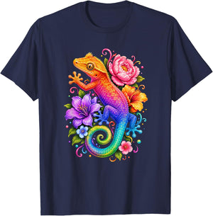 Cute Colorful Crested Gecko Flowers Rainbow Women Girls Kids T-Shirt - T-Shirt | Navy