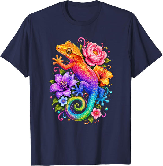 Cute Colorful Crested Gecko Flowers Rainbow Women Girls Kids T-Shirt - T-Shirt | Navy