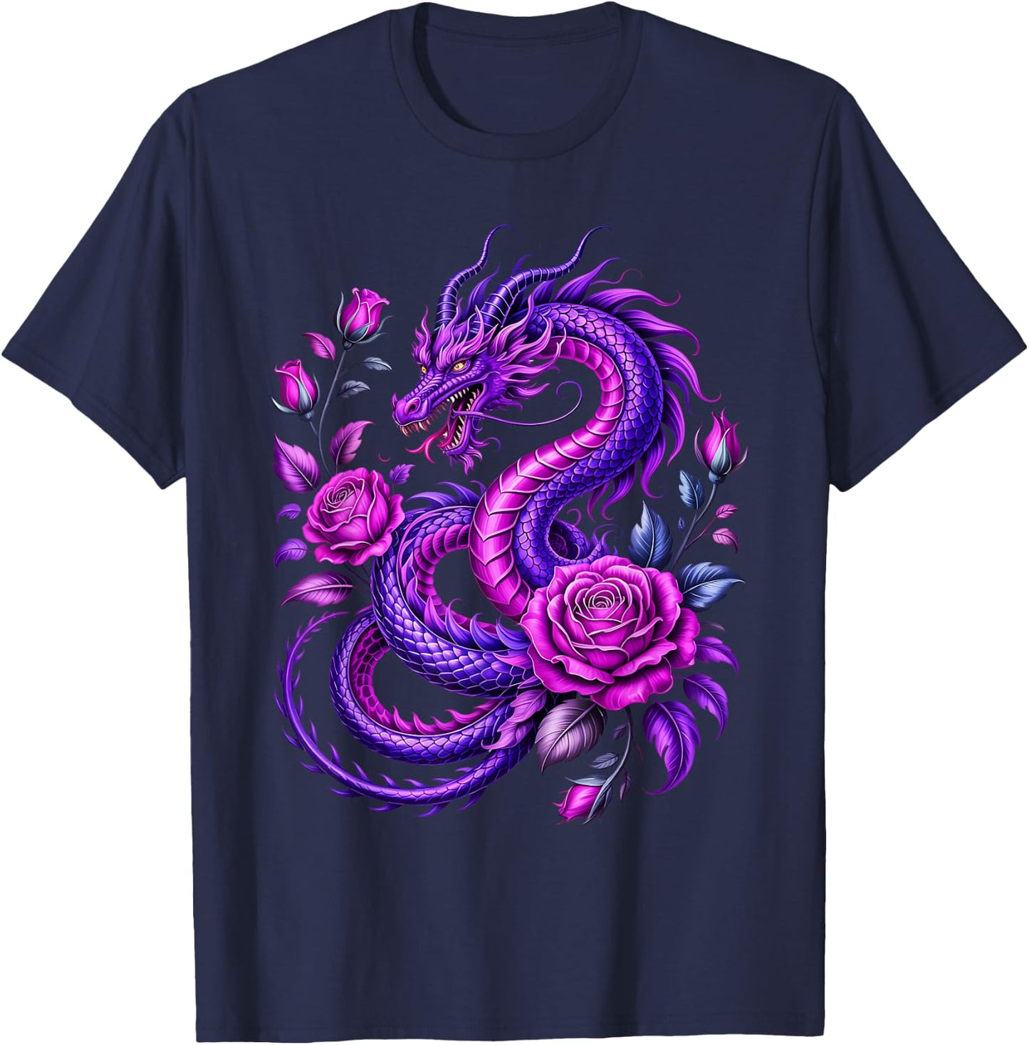 Purple Dragon and Rose Fantasy T-Shirt - T-Shirt | Navy