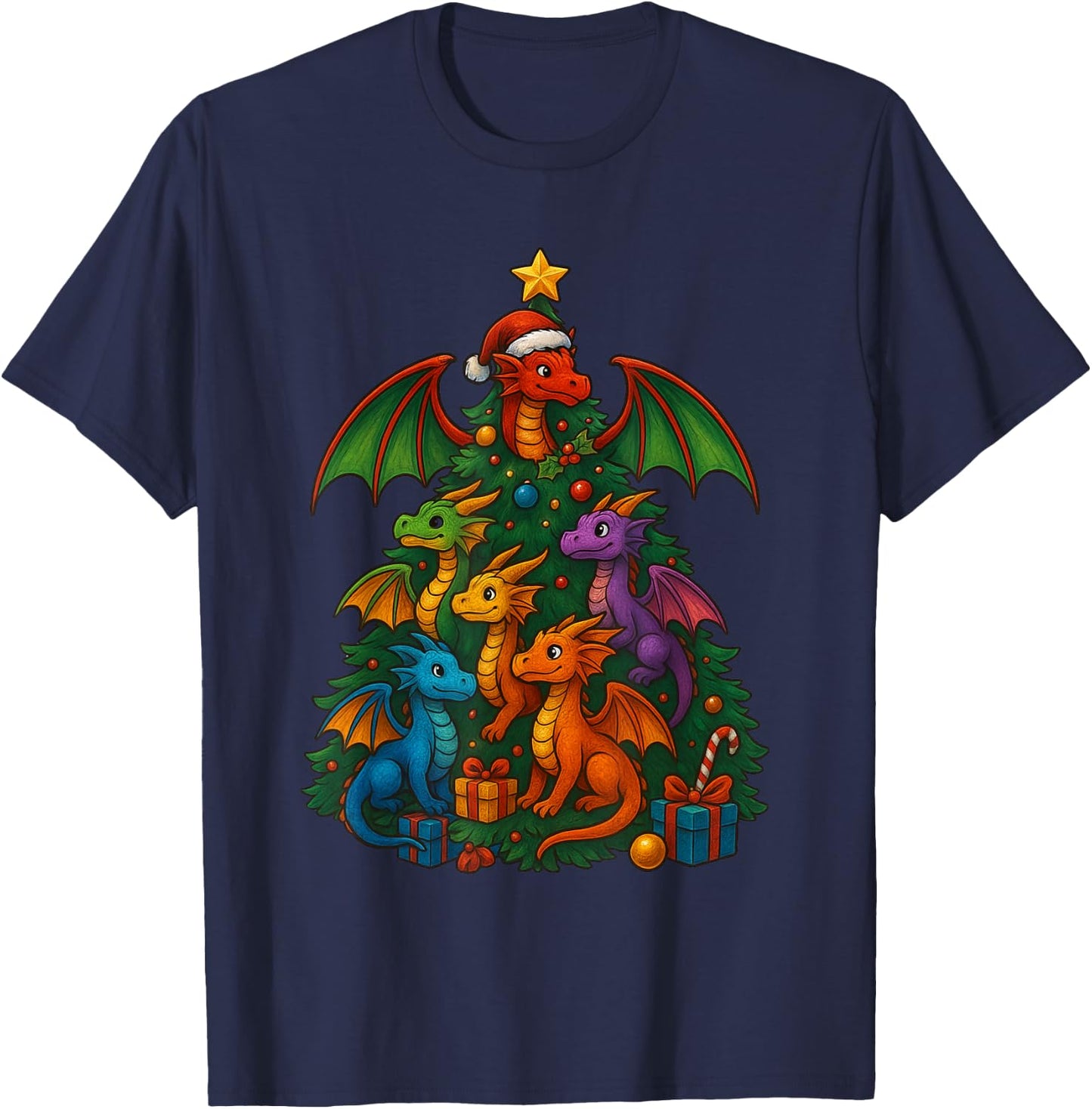 Dragon Christmas Tree Funny Dragon Xmas T-Shirt - T-Shirt | Navy