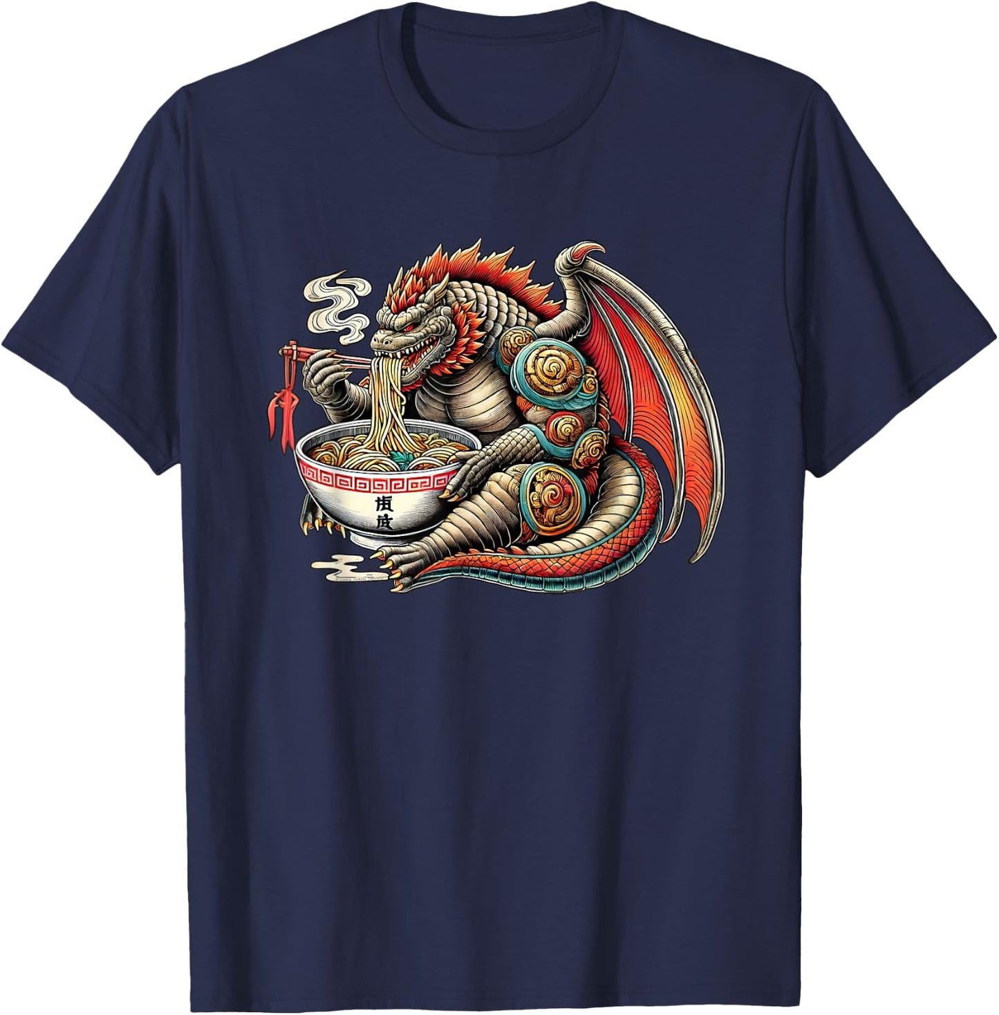 Funny Kaiju Dragon Eating Ramen Japanese Monster T-Shirt - T-Shirt | Navy