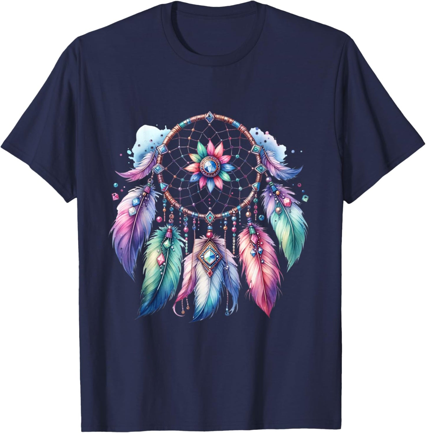Dream Catcher Boho Feathers Indian Colourful Hippie Esoteric T-Shirt - T-Shirt | Navy