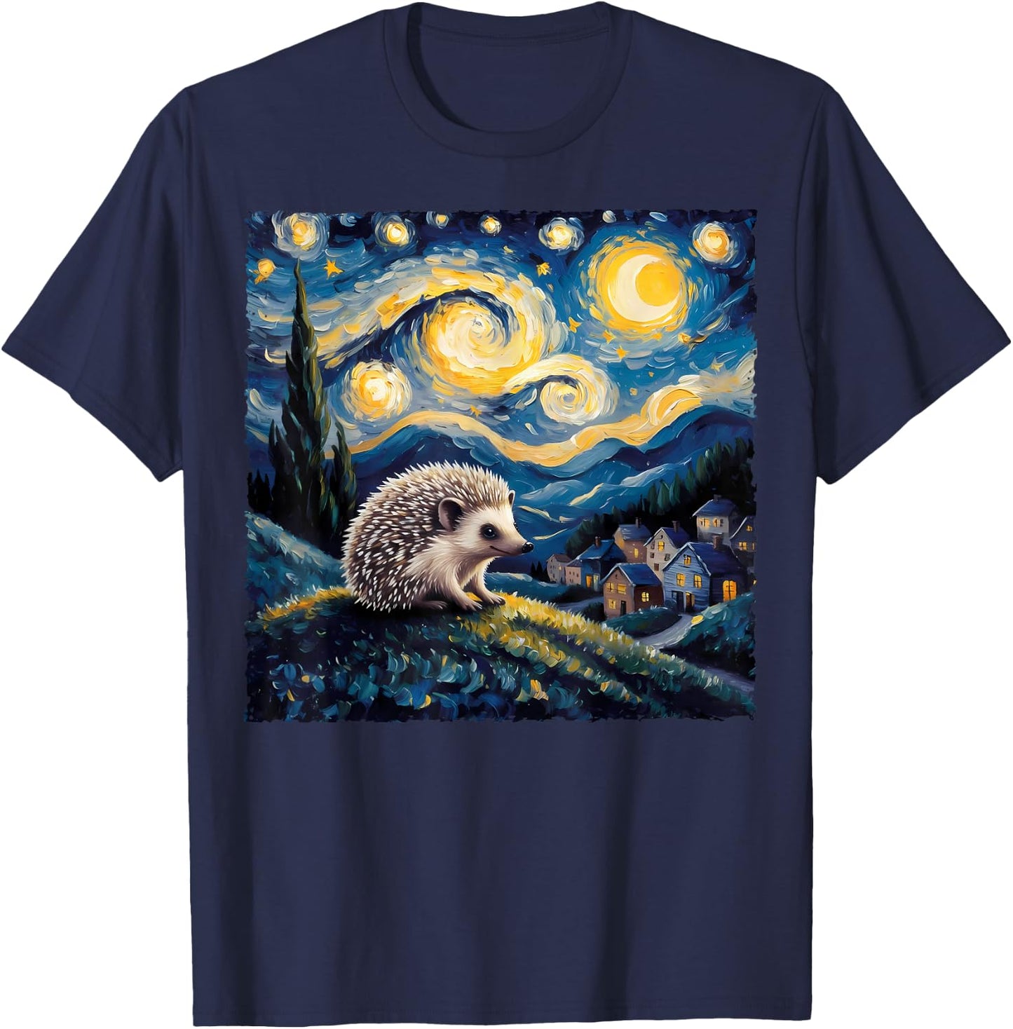 Van Gogh Style Funny Hedgehog Lover Starry Night Painting T-Shirt - T-Shirt | Navy
