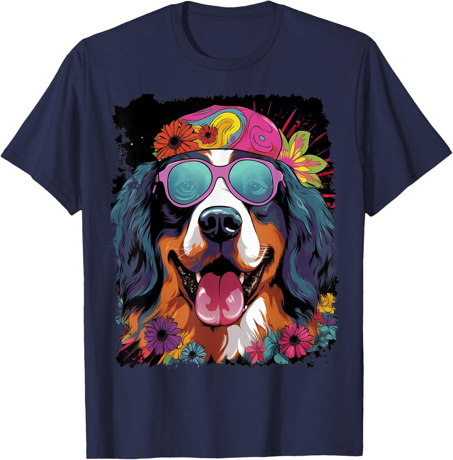 Pop Art Bernese Mountain Dog Flower Love Peace T-Shirt - T-Shirt | Navy