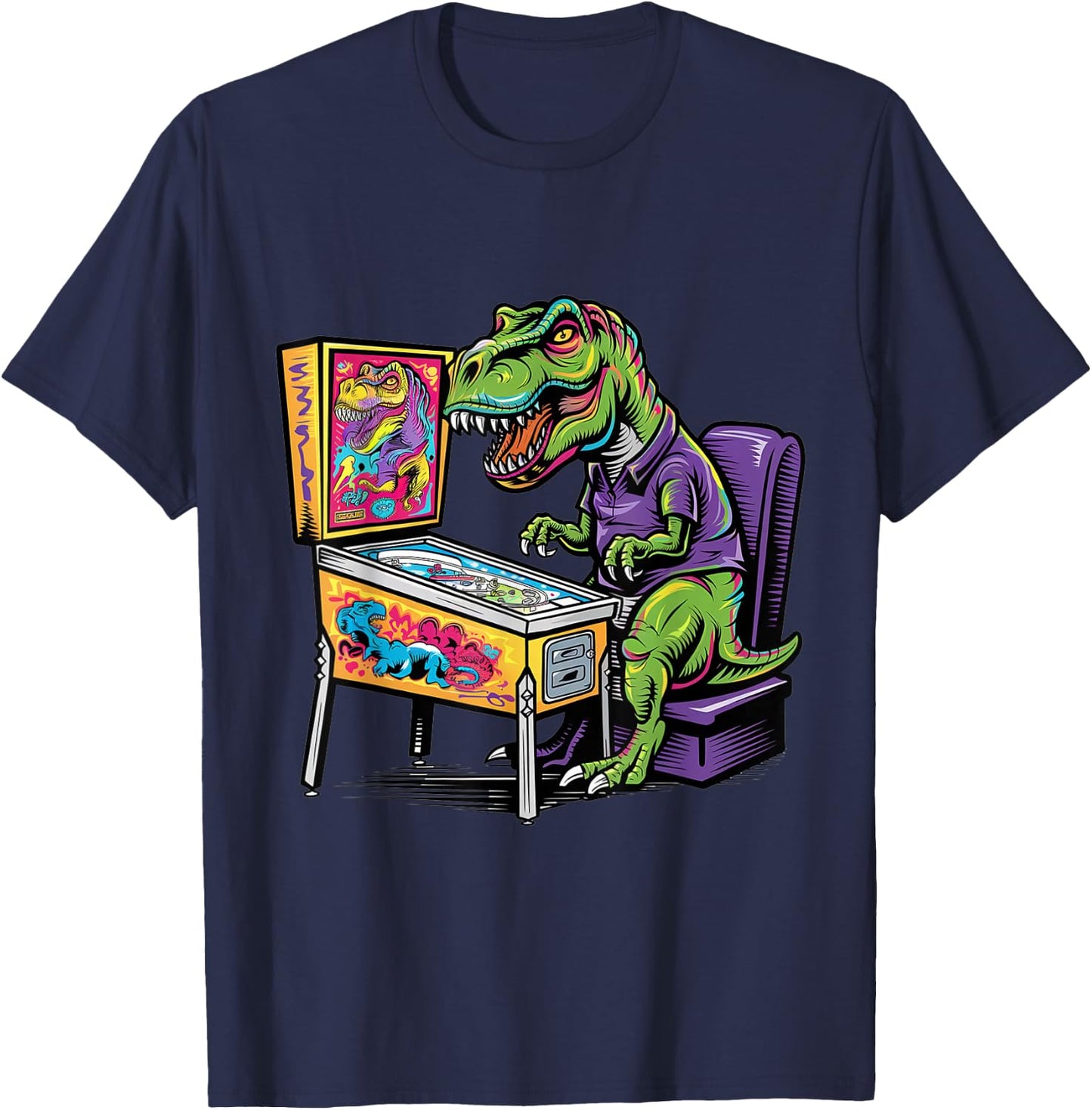 Funny T-rex Dinosaur Playing on Pinball Machine Retro Art T-Shirt - T-Shirt | Navy