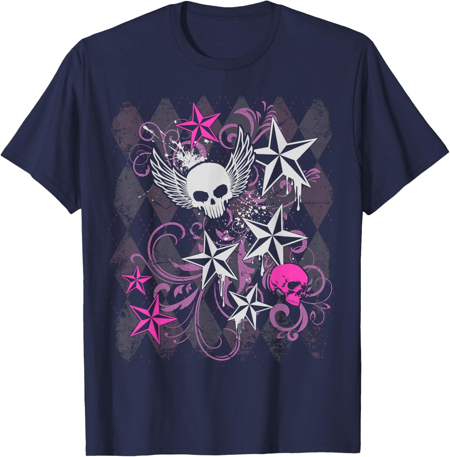 Y2k Grunge with Skull Wings Star Hot Pink 2000s Emo Teen T-Shirt - T-Shirt | Navy