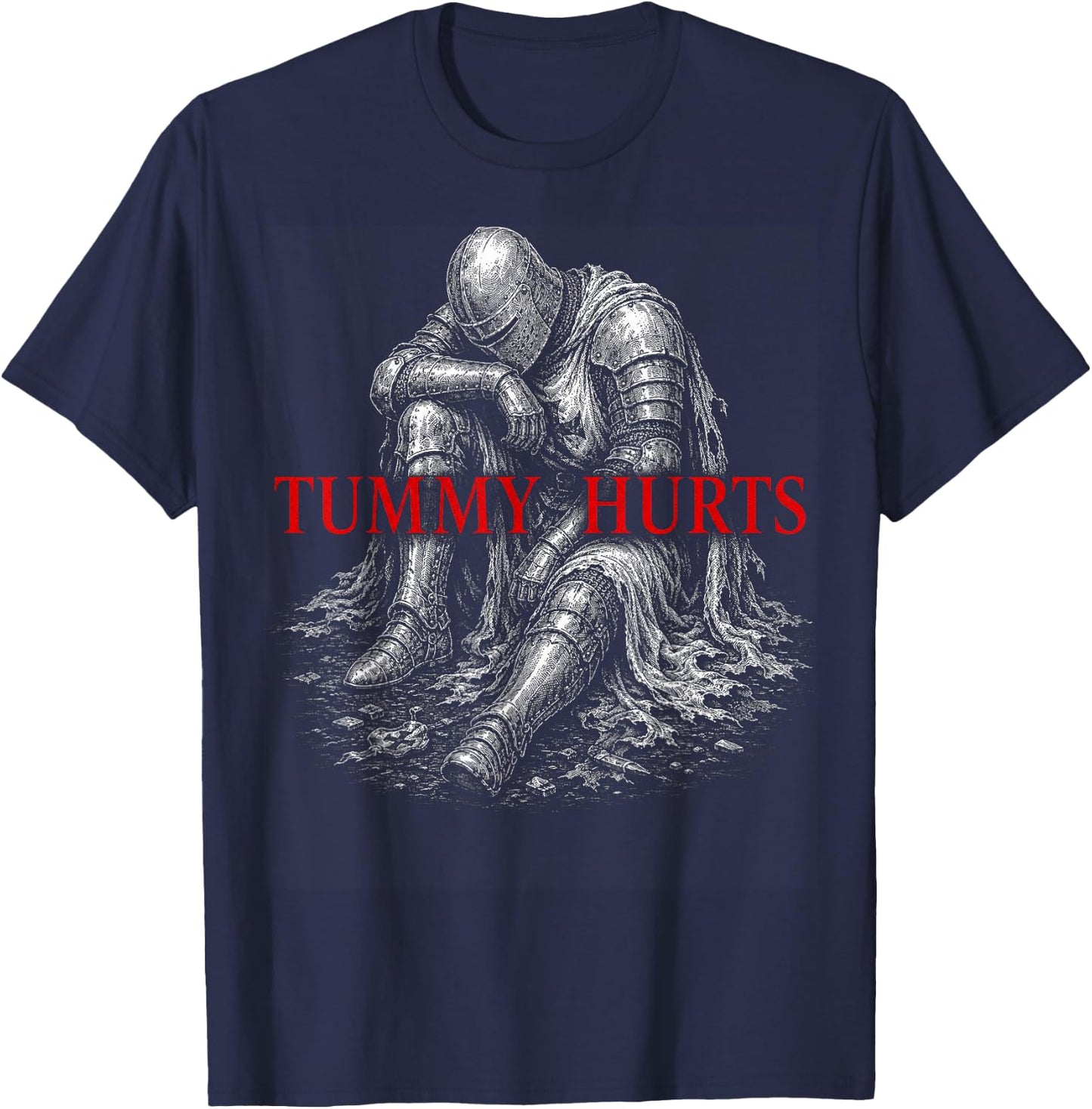 Tummy Hurts Funny Medieval Knight Gothic Art Dark Humor T-Shirt - T-Shirt | Navy