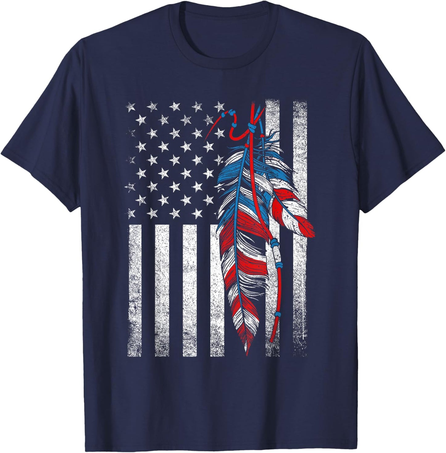 American Flag - Native Feather Pride Month Indigenous T-Shirt - T-Shirt | Navy