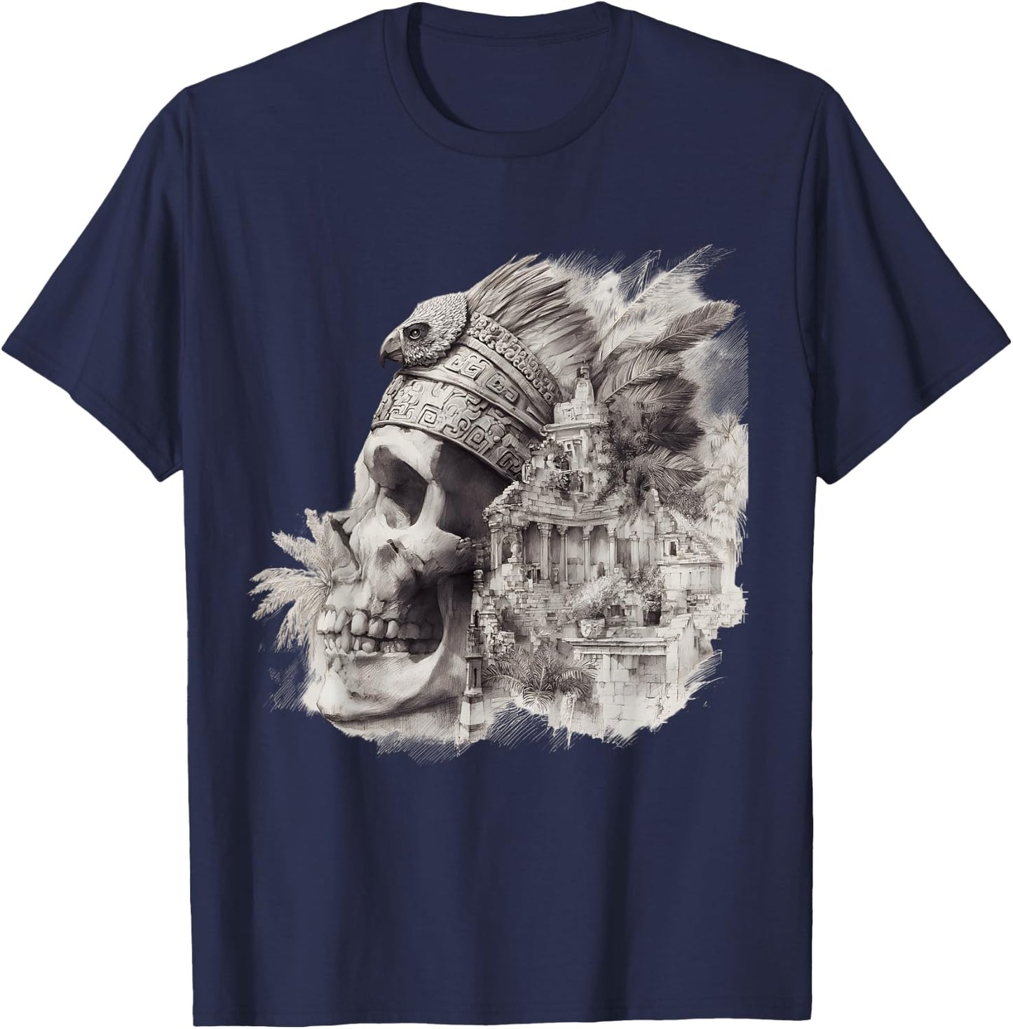 Mexican Maya Aztec Skull Native Maya Feathers Azteca T-Shirt - T-Shirt | Navy