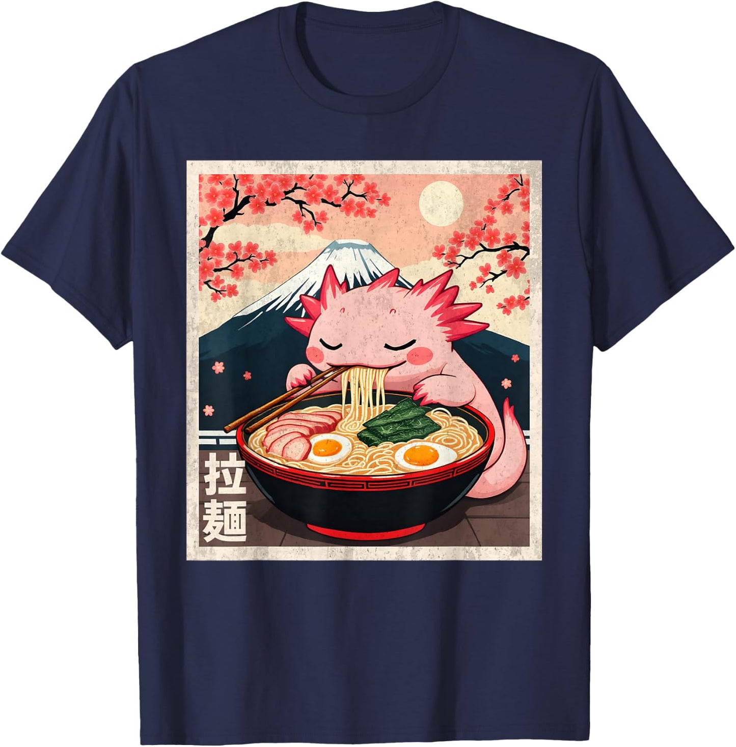 Kawaii Axolotl Eating Ramen Noodles Funny Anime Axolotl T-Shirt - T-Shirt | Navy