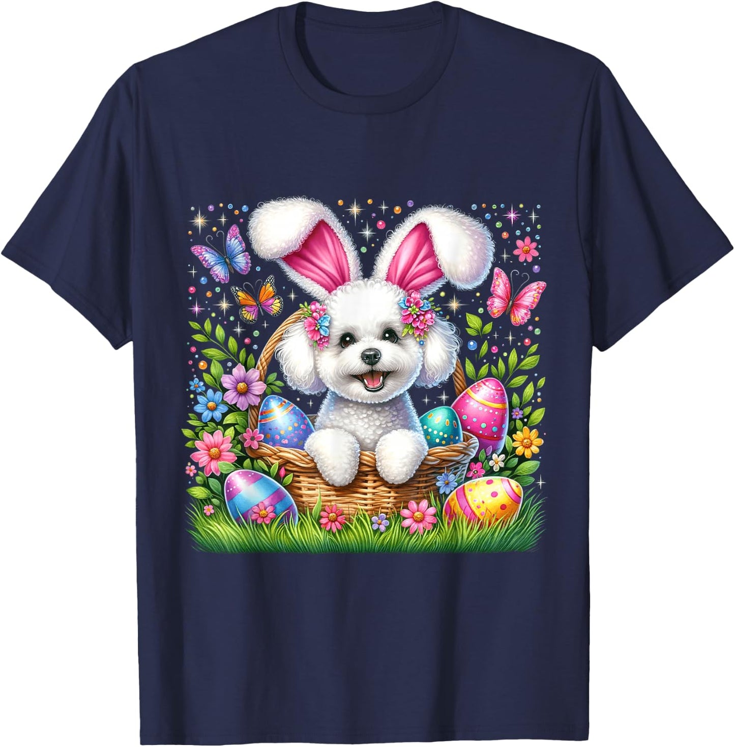 Cute Bunny Bichon Frise Dog Easter Eggs Basket Easter Day T-Shirt - T-Shirt | Navy