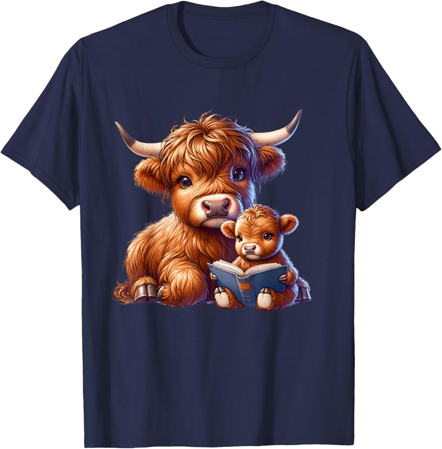 Cow, Scottish Highland Cow with Baby Cow, Highland Cow T-Shirt - T-Shirt | Navy