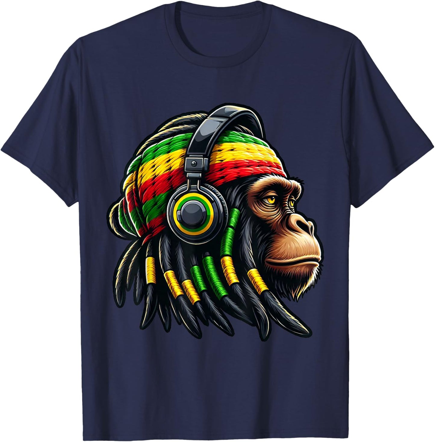 Jamaica Roots Reggae Chimpanzee Headphones Rastafari Monkey , black T-Shirt - T-Shirt | Navy