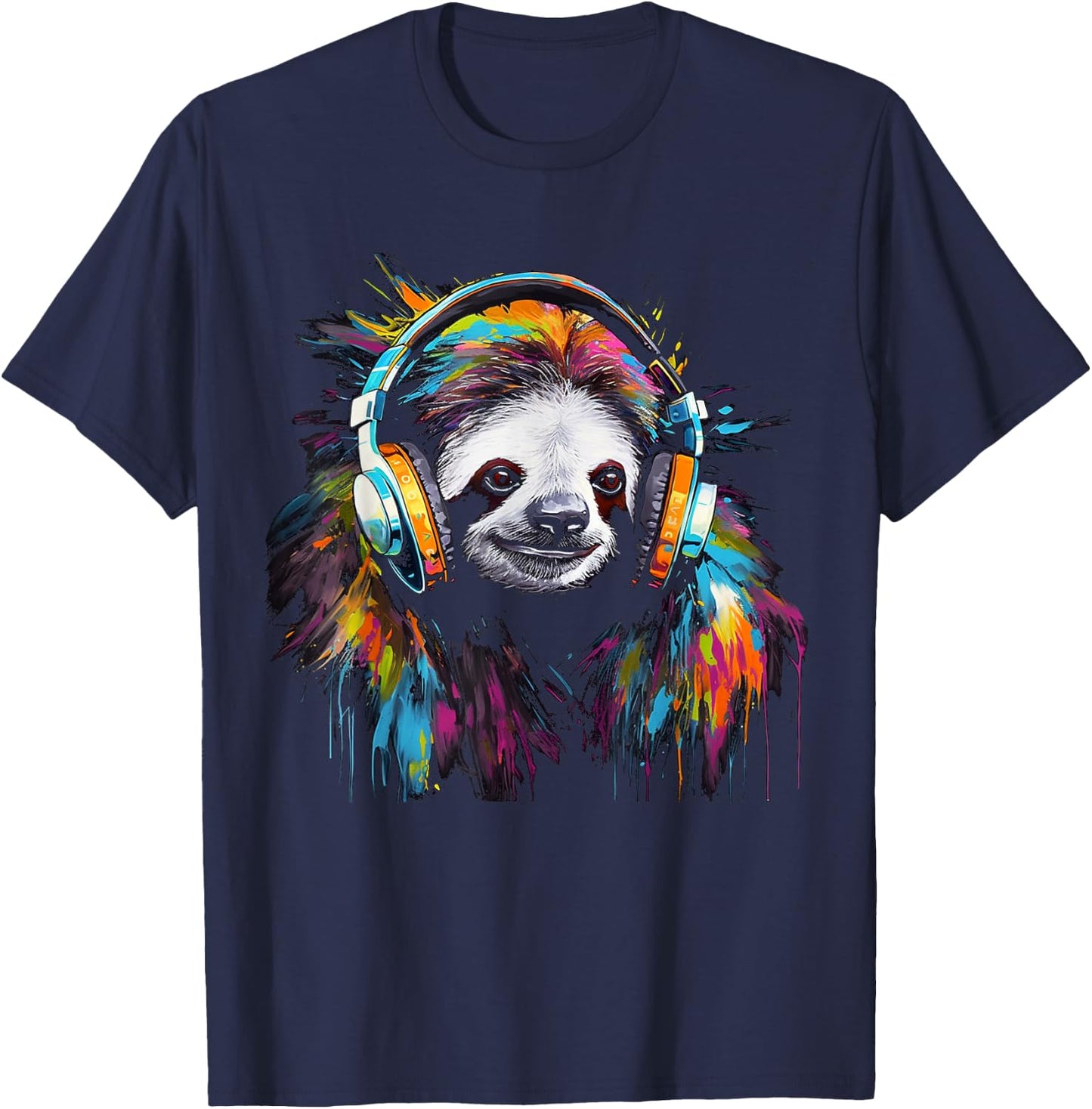 Sloth Artwork Music Animal Headphones Colourful Sloth T-Shirt - T-Shirt | Navy