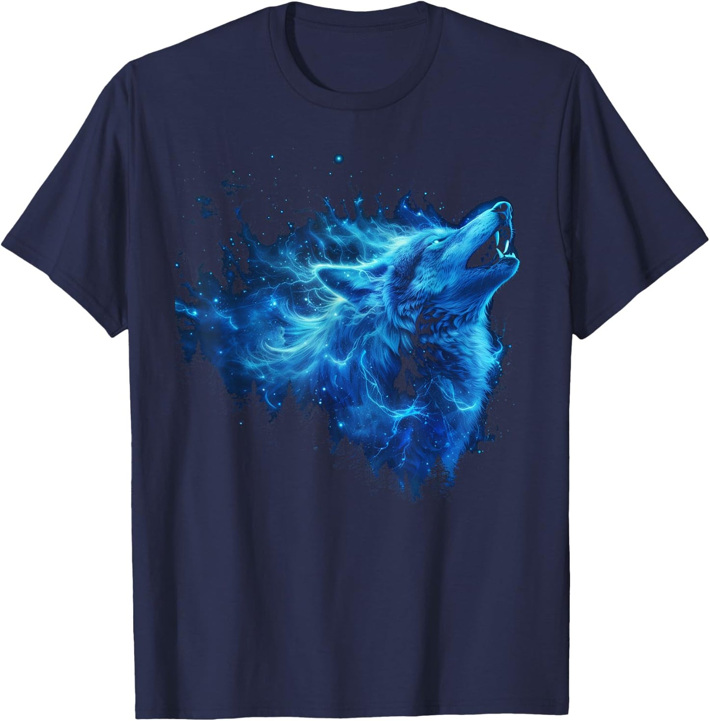 Galaxy Wolf Howling Graphic Electrical Blue Wolf Lovers T-Shirt - T-Shirt | Navy