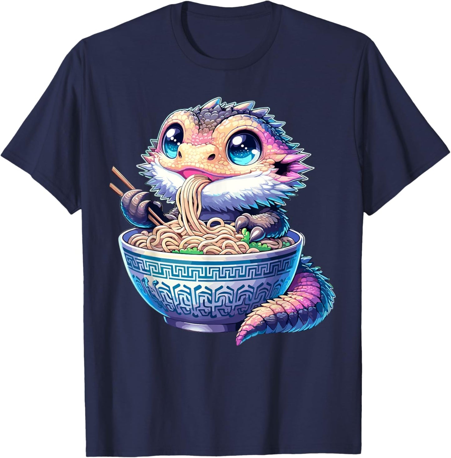 Kawaii Bearded Dragon Eating Ramen Noodles Bearded Dragon T-Shirt - T-Shirt | Navy