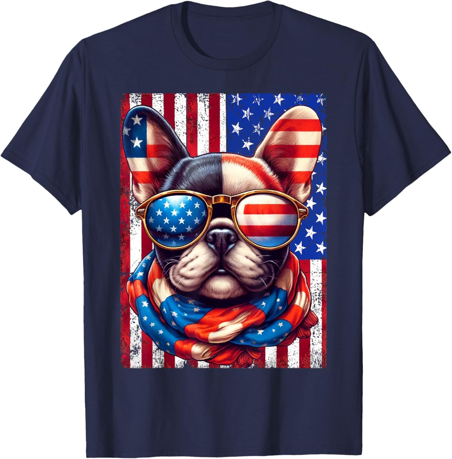 French Bulldog USA Flag Sunglasses 4th of July Patriotic Dog T-Shirt - T-Shirt | Navy