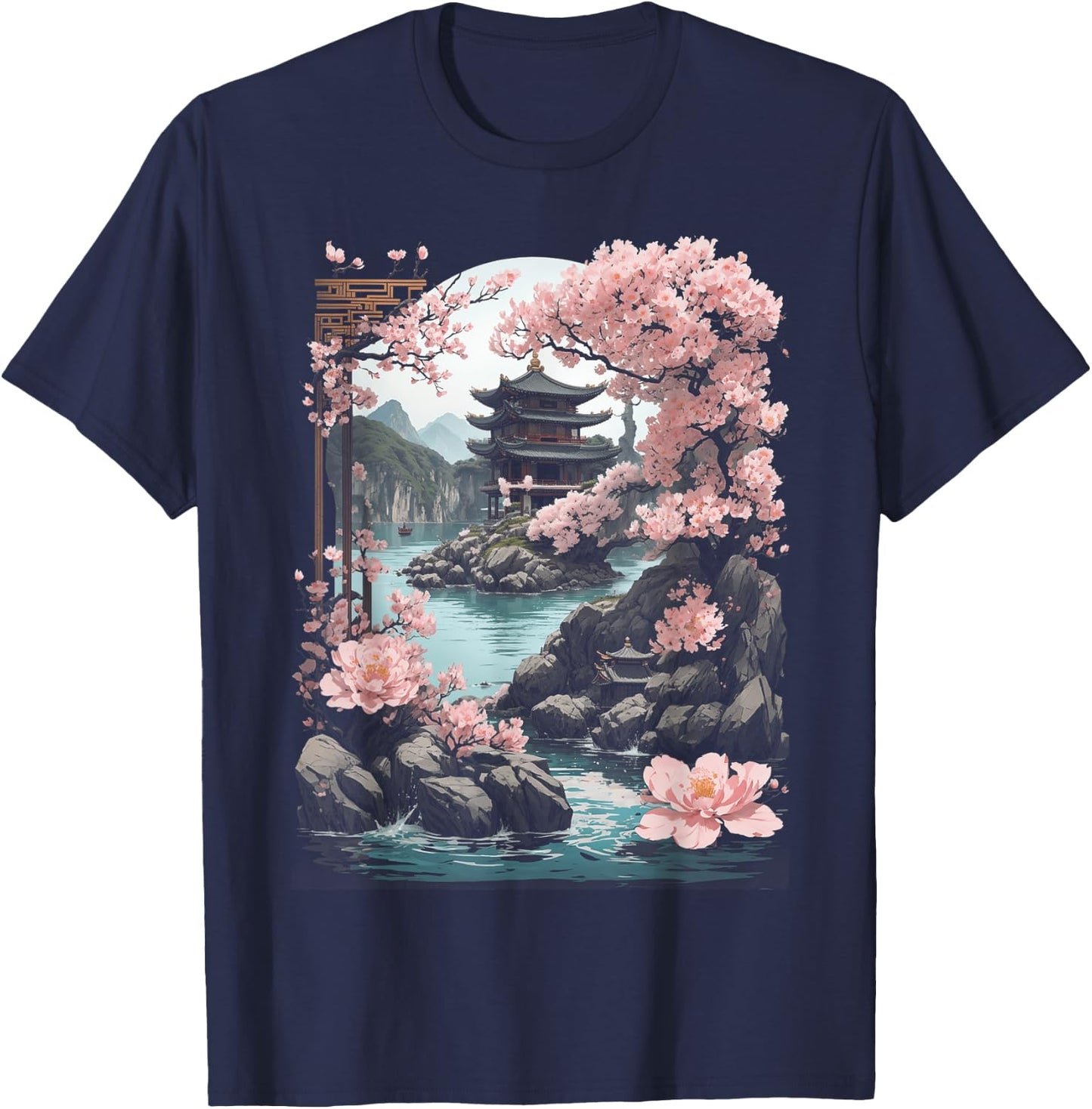 Japanese Chinese Temple Sakura Cherry Blossom Landscape T-Shirt - T-Shirt | Navy