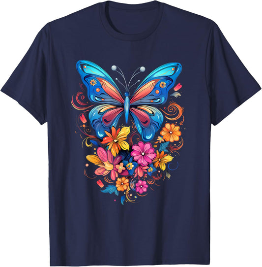 Butterfly with Flowers I Aesthetic Butterfly T-Shirt - T-Shirt | Navy