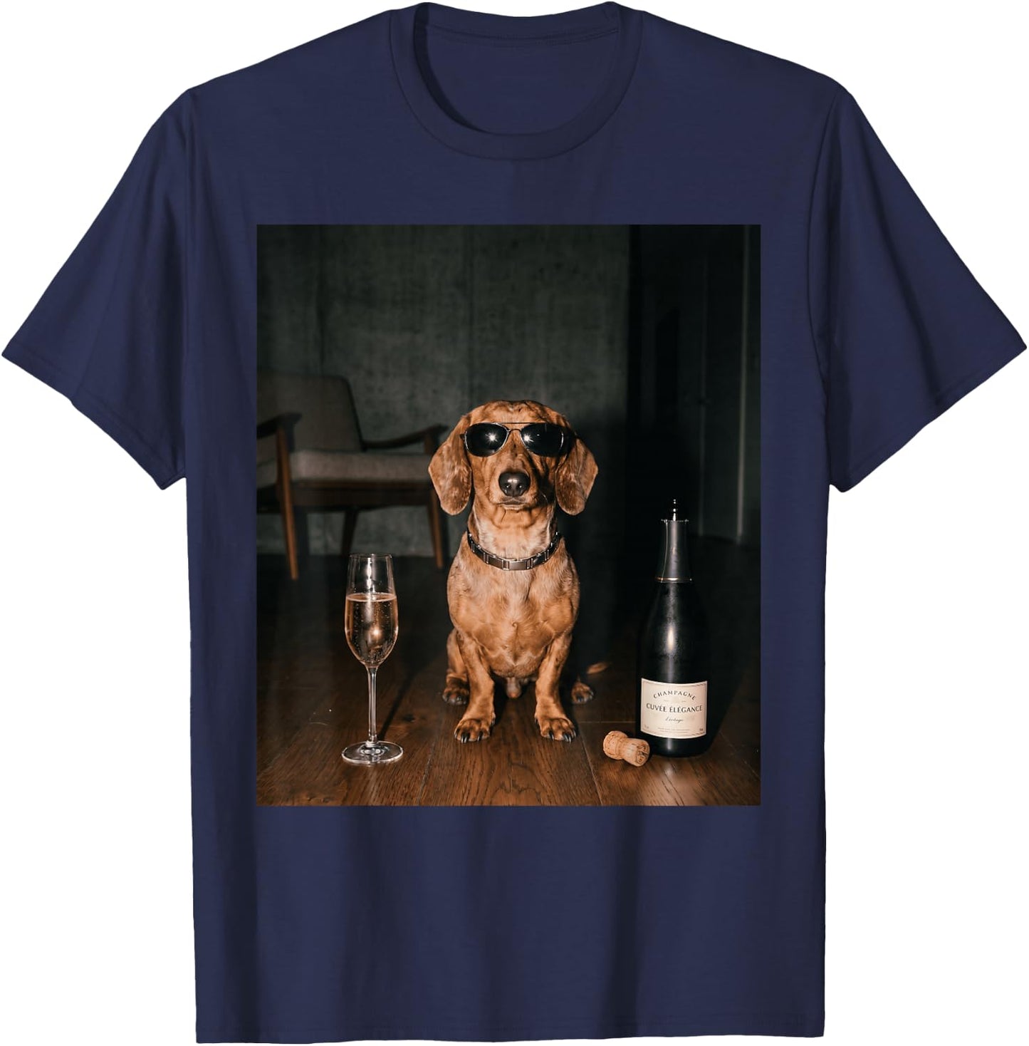 Dachshund Drinking Champagne Funny Fathers Day T-Shirt - T-Shirt | Navy